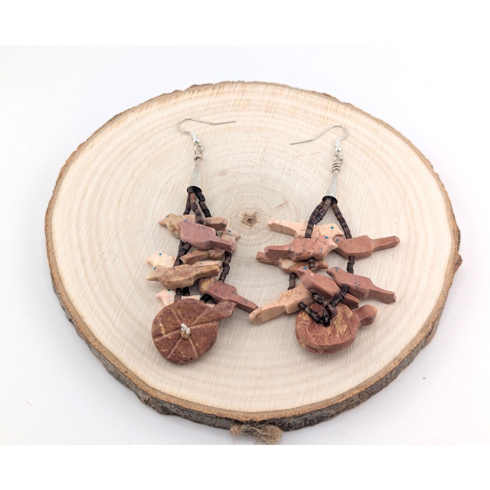 Navajo Animal Carved Fetish Dangle‎ Earrings Jasper Stone Handmade Jewelry **